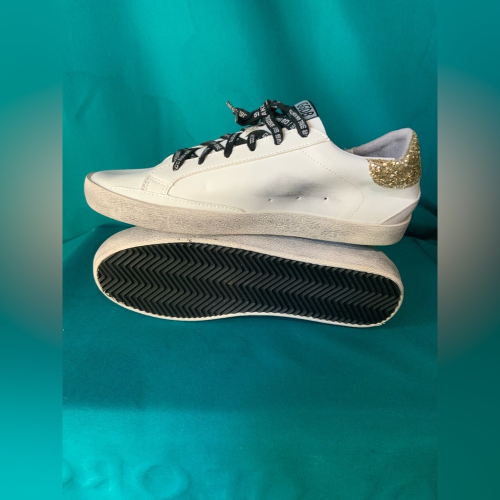 Authentic Golden Goose Superstar White Sneakers Gold Glitter Heel & Black Laces